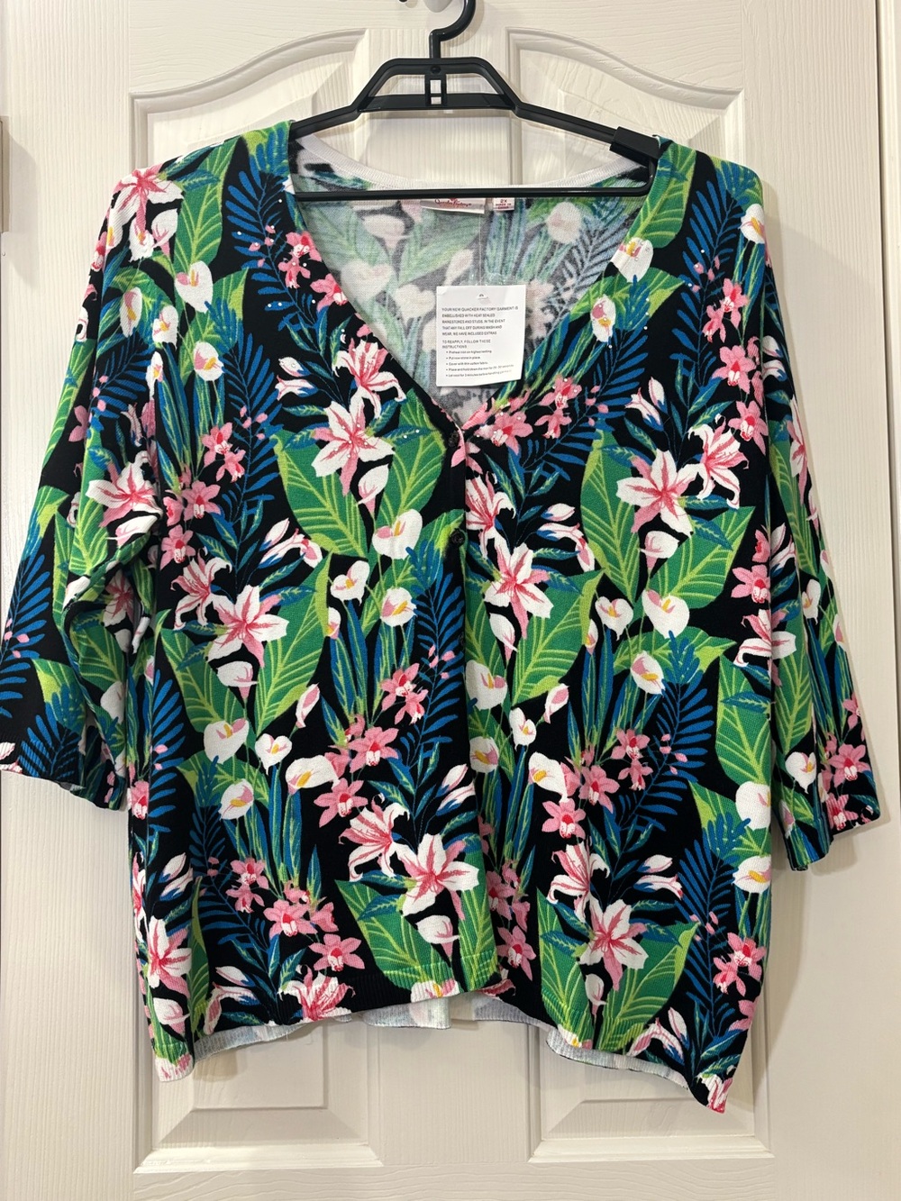 Quacker Factory Floral V-Neck Top in Black with Pink & Green Print